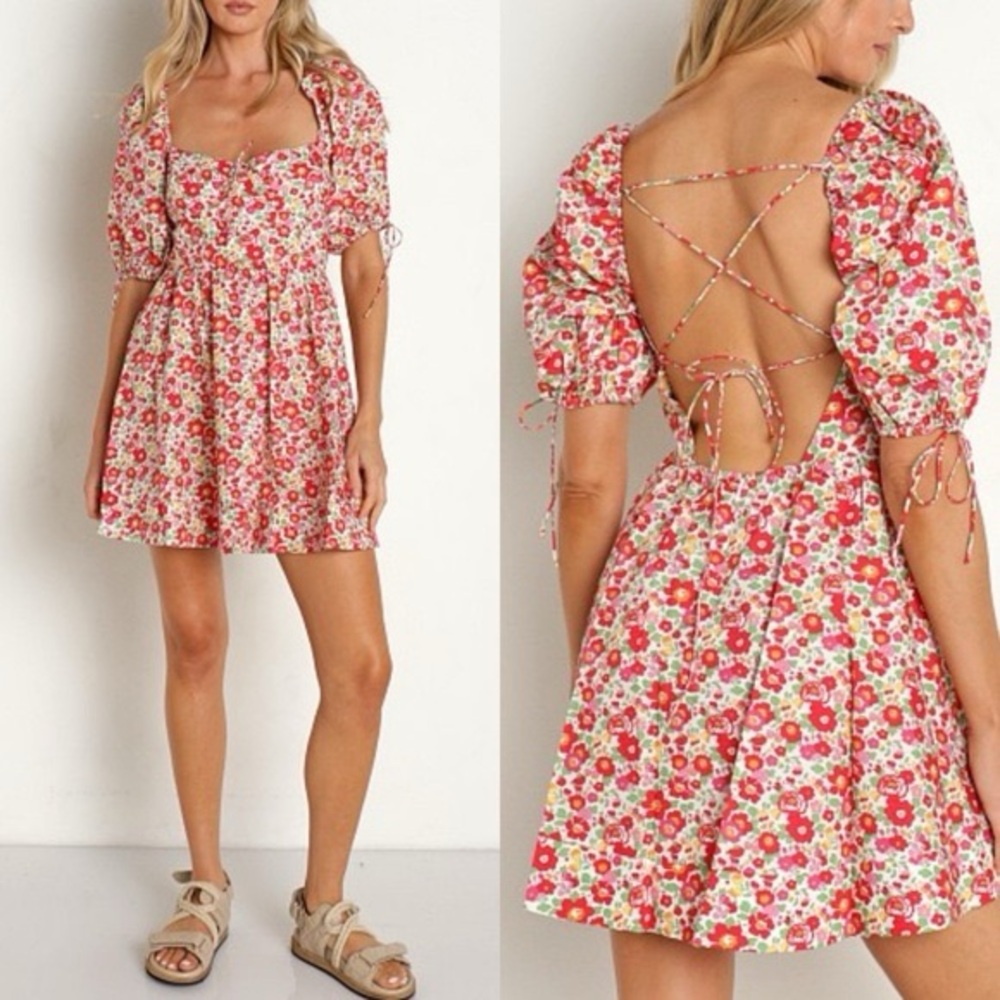 NWT For Love & Lemons Floral Auden Puff Sleeve Floral Mini Dress in Pink Size XS